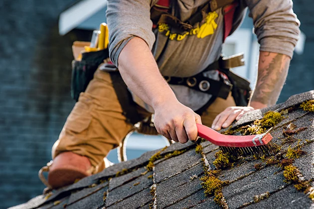 Roof Cleaning professional using a wire brush to clear moss from roof tiles